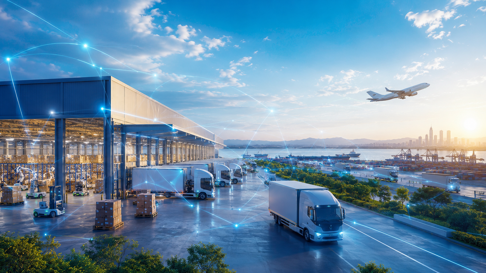 Modern logistics warehouse and global delivery scene