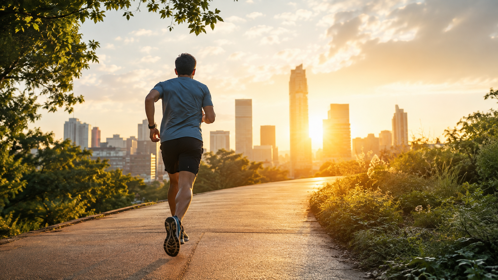 A runner moving toward a sunrise city skyline